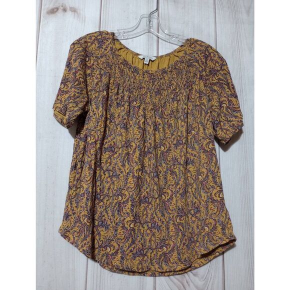 Lucky Brand Shirt Ladies‎ Small Yellow Paisley Short Sleeve - Picture 1 of 7